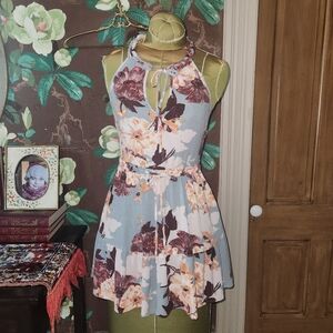 Band of Gypsies Floral Halter Mini Dress Blue Tiered Boho Women S
